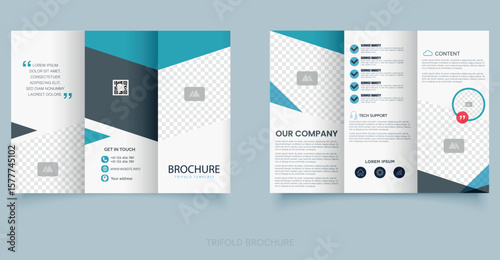 Corporate trifold brochure template with photo spots. Ideal for leaflets of private clinics, travel agencies, IT companies, etc. Editable file