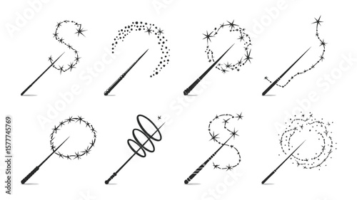 Magic Wand Silhouettes Collection With Star Trails On Transparent Background Set