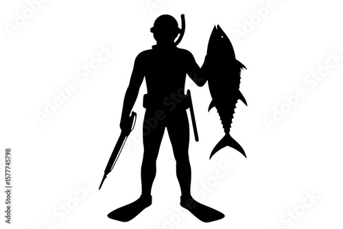 Silhouette of a Diver Holding a Catch