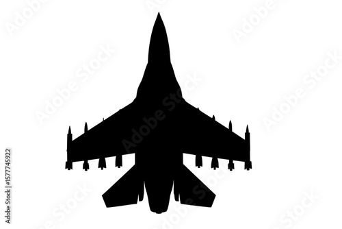 Silhouette of a military jet in black against a white background