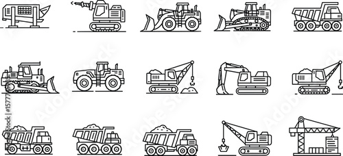 Vehicle mining heavy industry transport line icon set. Vector pictograms of crusher, drill, loader, bulldozer, excavator, dragline, crane, thin linear illustration