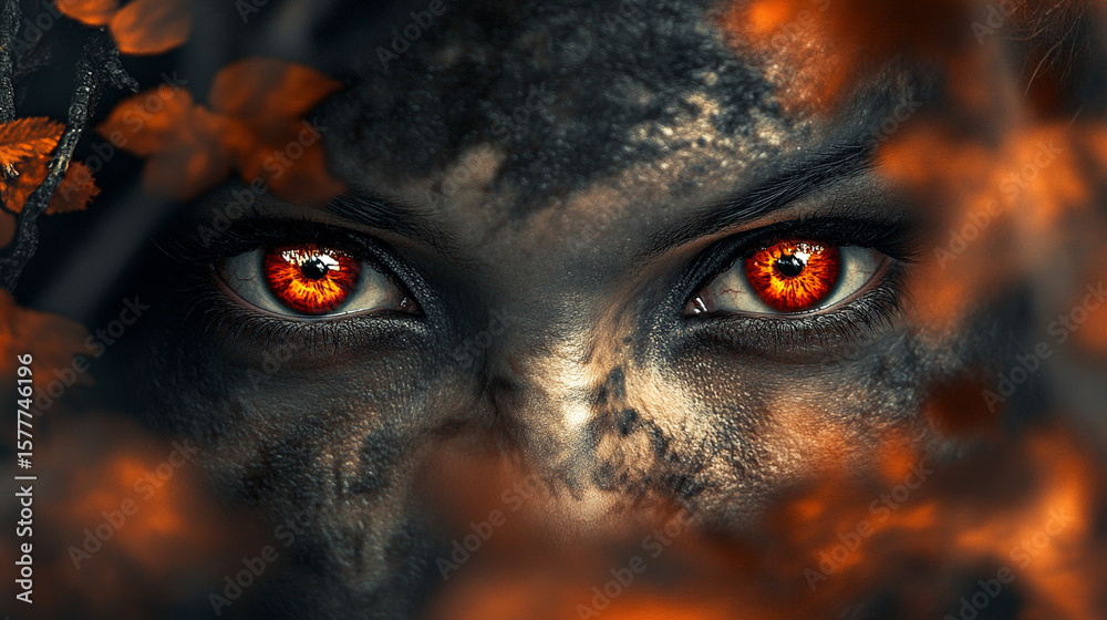 Naklejka premium Inclusive fantasy: red eyes of a shapeshifter hiding in a medieval forest, golden earring glinting slightly