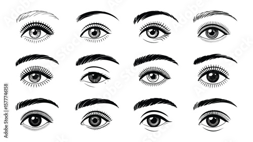 Monochrome Seamless Pattern Eyes with Brows and Lashes on White Background
