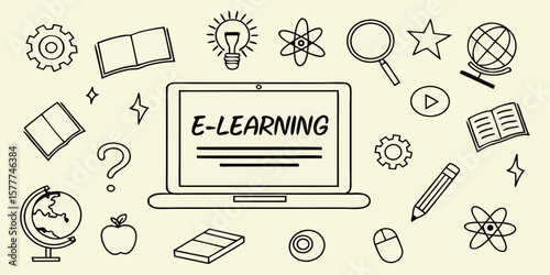 E-learning and online education vector illustration concept. Hand drawn doodle icons with laptop, books, lightbulb, globe, and study elements for website banner and graphic design.