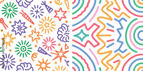 Set of Abstract Party vector seamless patterns. Colorful hand drawn line art illustrations with festive elements, stars, fireworks, and abstract shapes. Fun doodle backgrounds for print and decor.