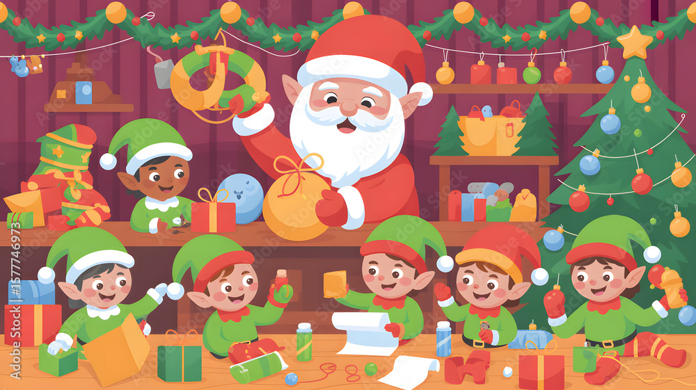 Fototapeta premium Santa claus and happy elves preparing christmas gifts and decorations together