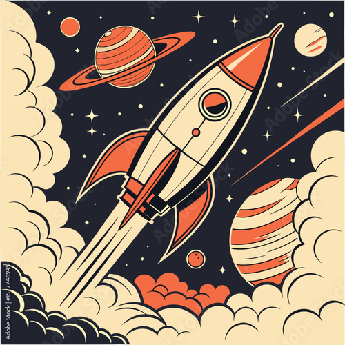 Retro space rocket blasting off grainy textures bold comic book colors vintage sci-fi style illustration t-shirt art