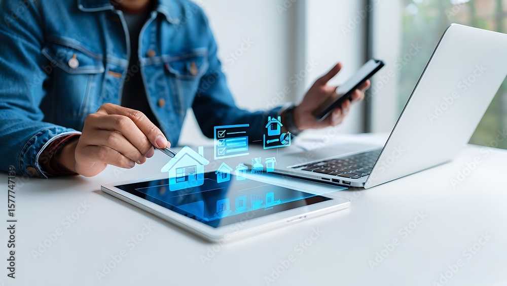 Person using a stylus on a tablet displaying a futuristic interface with icons of houses and checklists while holding a smartphone and working on a laptop Person using a stylus on a tablet displaying a futuristic interface with icons of houses and checklists while holding a smartphone and working on a laptop