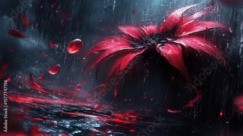 Red Flower in Rain