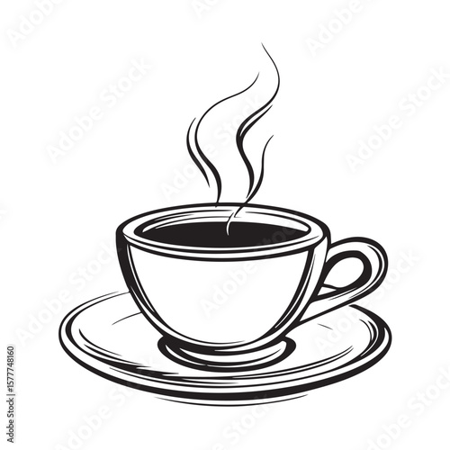 Coffee cup with steam vector silhouette, A steaming cup of coffee, A black and white coffee cup with steam rising from it