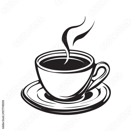 Coffee cup with steam vector silhouette, A steaming cup of coffee, A black and white coffee cup with steam rising from it