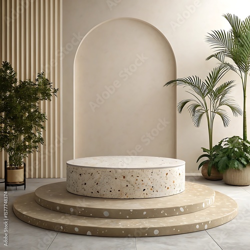 Minimalist terrazzo stage with tropical plants.