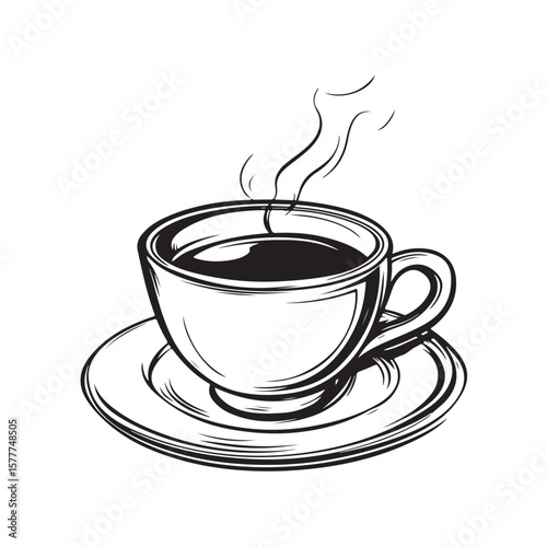 Coffee cup with steam vector silhouette, A steaming cup of coffee, A black and white coffee cup with steam rising from it