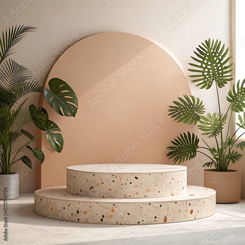 Minimalist terrazzo stage with tropical plants.
