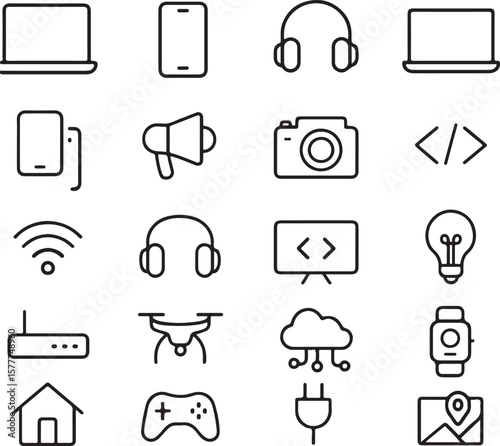 Collection of Technology Icons Laptops, Smartphones, Headphones, and More