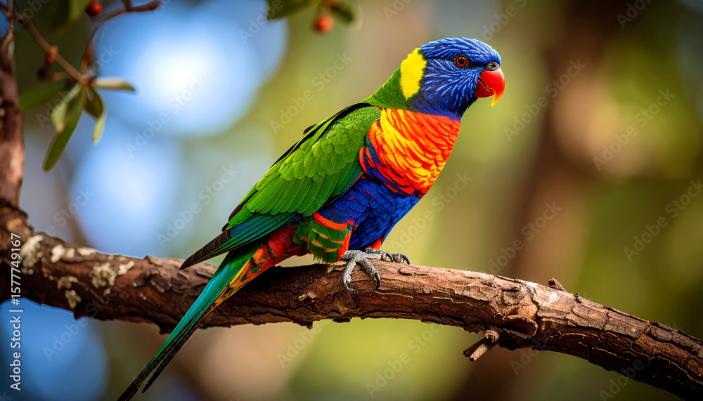 Fototapeta premium Rainbow lorikeet bird is on a tree trunk