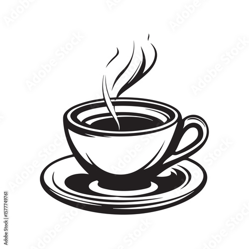 Coffee cup with steam vector silhouette, A steaming cup of coffee, A black and white coffee cup with steam rising from it