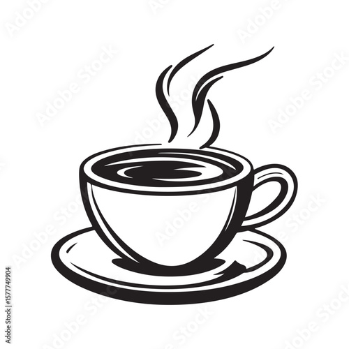 Coffee cup with steam vector silhouette, A steaming cup of coffee, A black and white coffee cup with steam rising from it