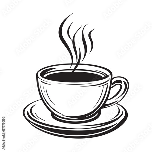 Coffee cup with steam vector silhouette, A steaming cup of coffee, A black and white coffee cup with steam rising from it