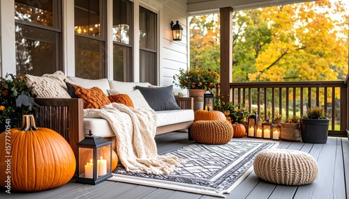 Cozy Fall Porch Decor with Pumpkins and Pillows