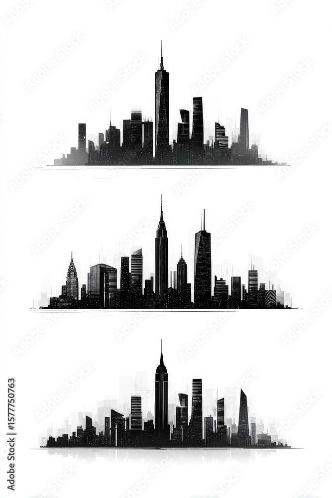 Naklejka premium Three minimalist black-and-white city skyline illustrations, featuring various iconic skyscrapers and buildings against a white background
