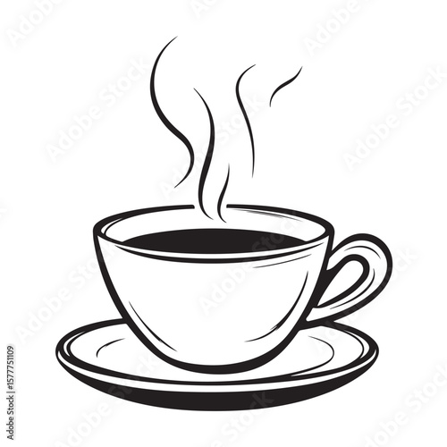Coffee cup with steam vector silhouette, A steaming cup of coffee, A black and white coffee cup with steam rising from it