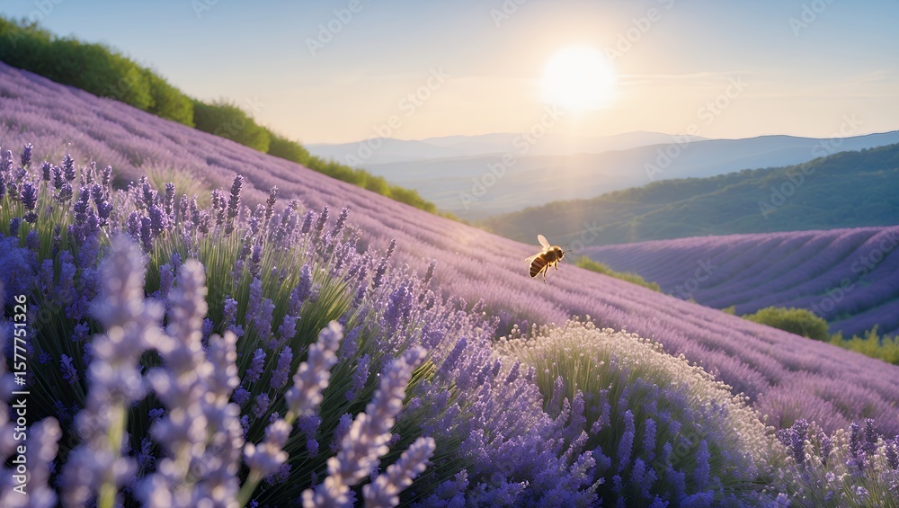 Obraz premium Lavender field at sunset with flying bee