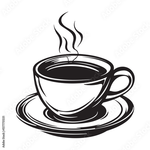 Coffee cup with steam vector silhouette, A steaming cup of coffee, A black and white coffee cup with steam rising from it