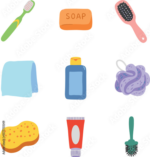 Bathroom and Personal Hygiene Icon Set.

Collection of Toiletries for Self-Care