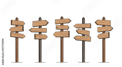 Collection of Wooden Directional Signs for Outdoor Navigation and Information