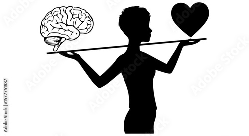 Vector art of person balancing brain and heart on a scale, representing life choices isolated on transparent background