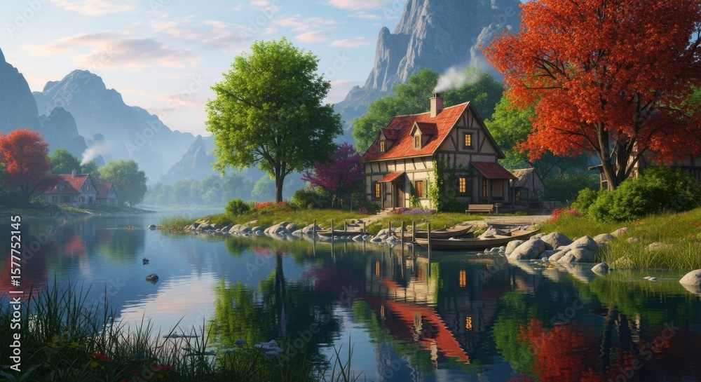 Fototapeta premium Picturesque Riverside Cottage Amidst Autumnal Splendor and Mountain Serenity