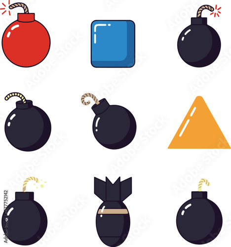Colorful Cartoon Bomb and Explosion Icon Set.

