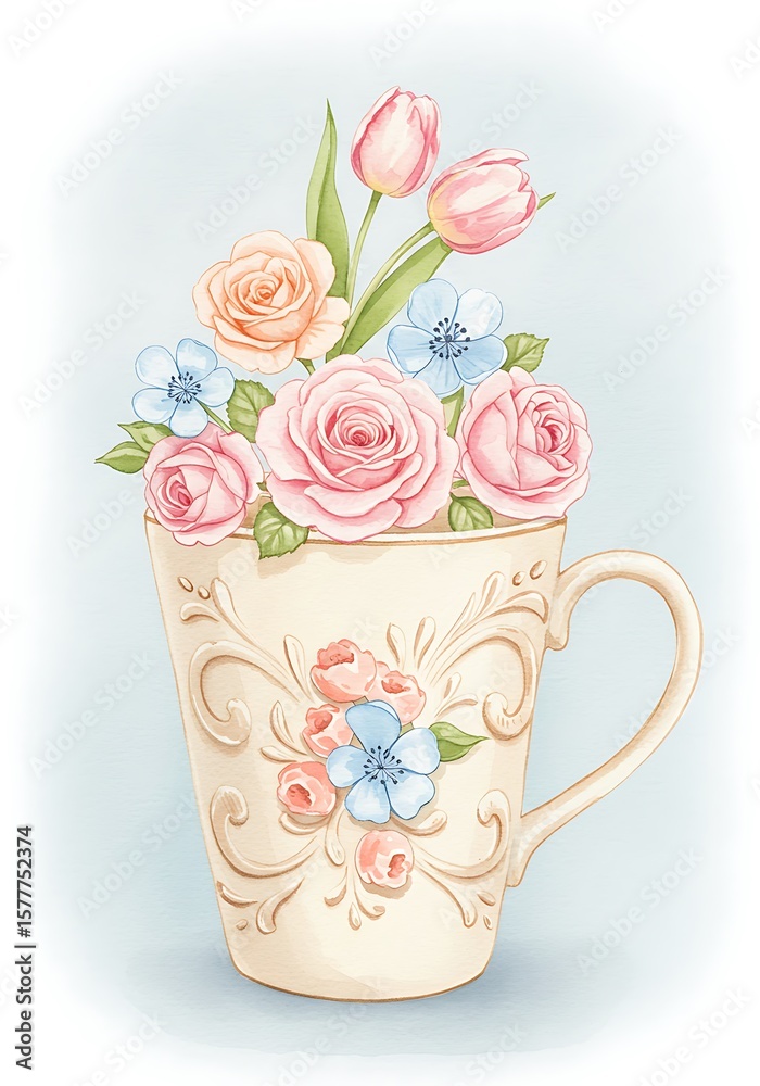 Elegant flower-filled cup illustration in pastel style Elegant flower-filled cup illustration in pastel style