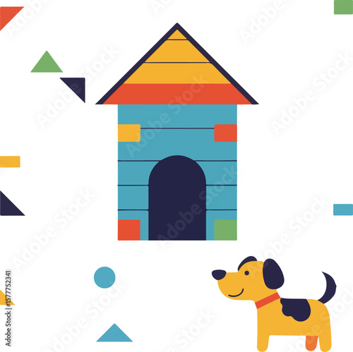 Cute Dog with a Colorful Dog House.

