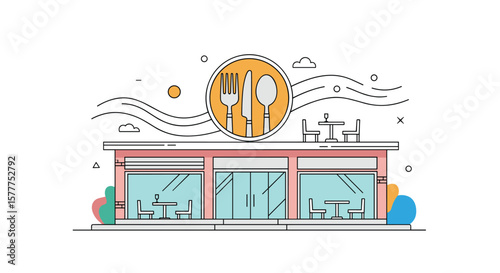 Modern Restaurant Exterior Design with Outdoor Seating and Unique Branding Element