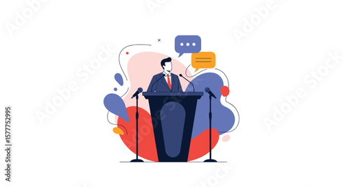 Political Speaker Addressing Crowd From Podium with Communication Bubbles Discussing Ideas