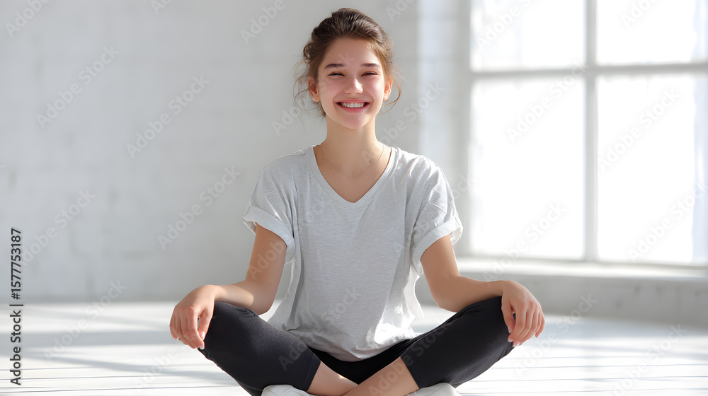 Fototapeta premium Young woman meditating on floor with relaxed posture. Peaceful indoor yoga moment representing mindfulness, emotional balance, and self-connection.