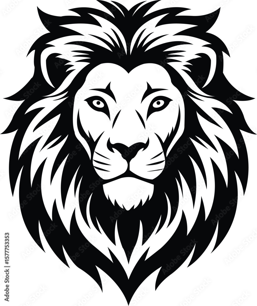 Fototapeta premium Lion Vector Head Illustration in Black and White Tribal Style, Illustration Featuring Powerful and Regal Lion Face