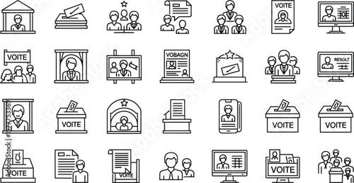 Voting, election line icon set. Vector pictograms of democratic processes, civic participation, ballot boxes, candidates, debates, voter engagement, checkmark thin linear illustration