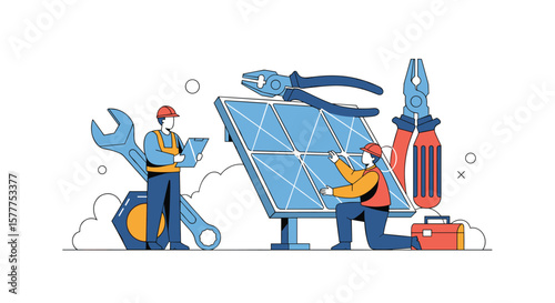 Technicians Performing Installation and Maintenance on Solar Panels with Tools and Equipment