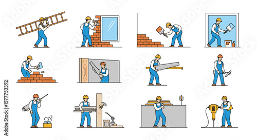 Professional Builders Engaging in Various Construction and Renovation Activities at a Job Site