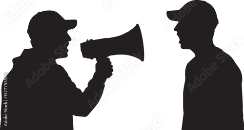 Vector art of two men in silhouette, one speaking into a megaphone to the other isolated on transparent background