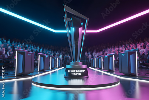 Futuristic Esports Championship Stage with Trophy and Gaming PCs in Neon Arena