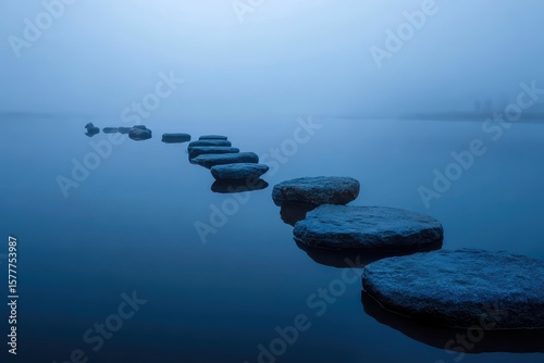 Stepping Stones in Misty Waterscape.