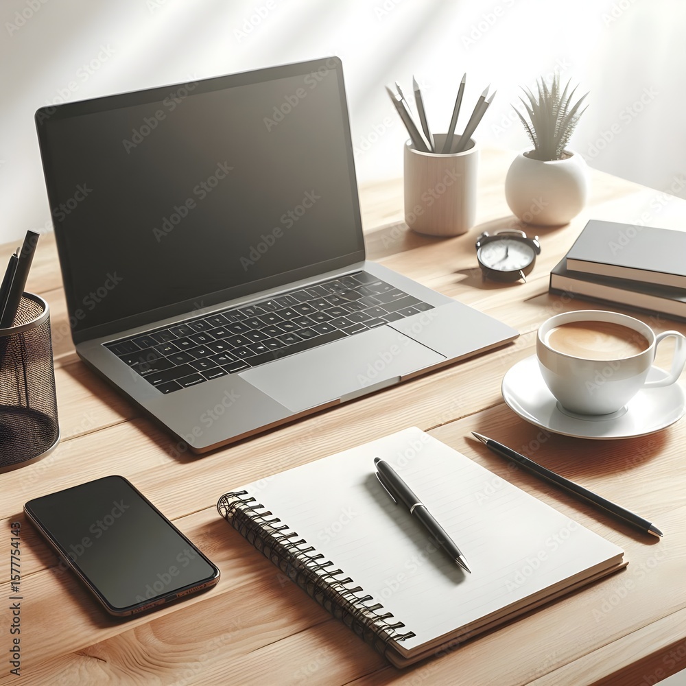 Fototapeta premium Home office desk setup with laptop, notebook, and coffee cup