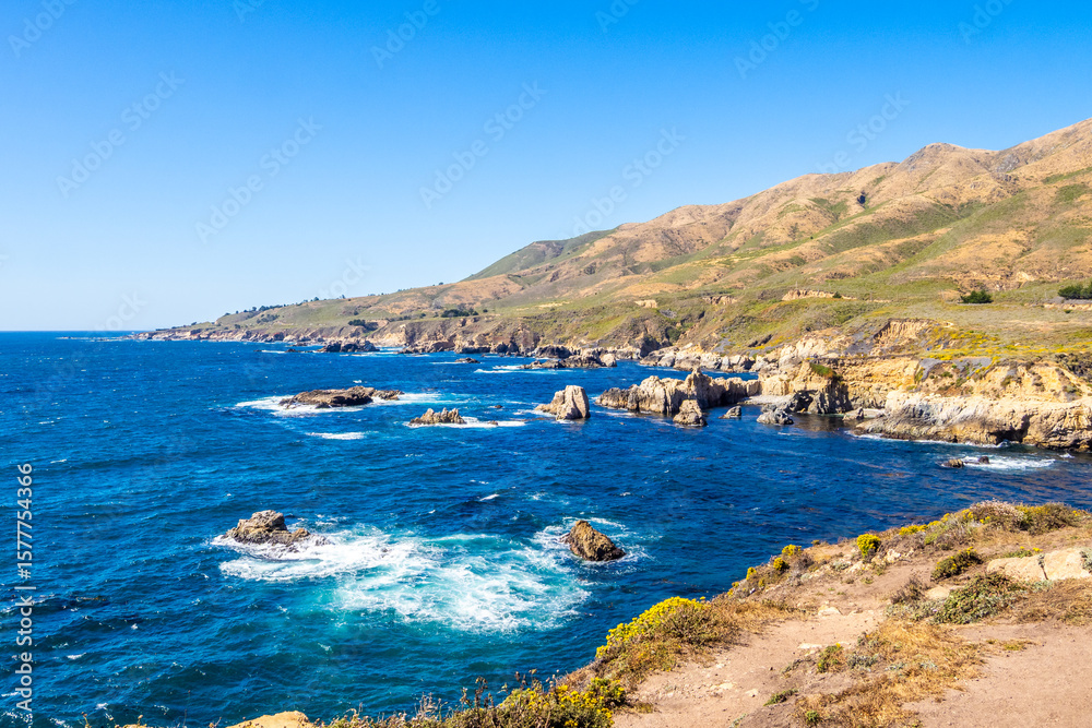Fototapeta premium Rocky Pacific coastline at Painter's Point, Garrapata Bluff Trail, California