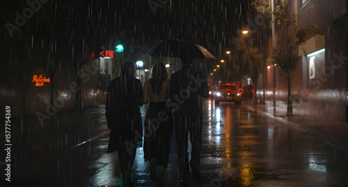 People walking in the city at night in the rain