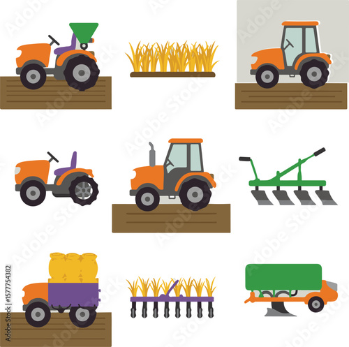 Tractor and Farm Equipment 
Agriculture and Farming Machinery Vector Collection.
Set of Tractor, Plow, and Hay Bale.