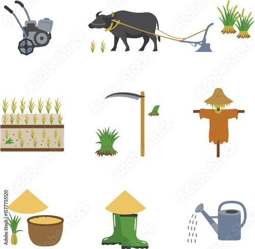 Asian Rice Paddy Farming Vector Collection.

Set of Farmer, Buffalo, and Agriculture Tools.